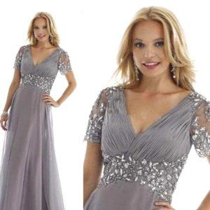 Plus Size Short Sleeve Beaded A-Line Chiffon Formal Wedding Party Dress Evening